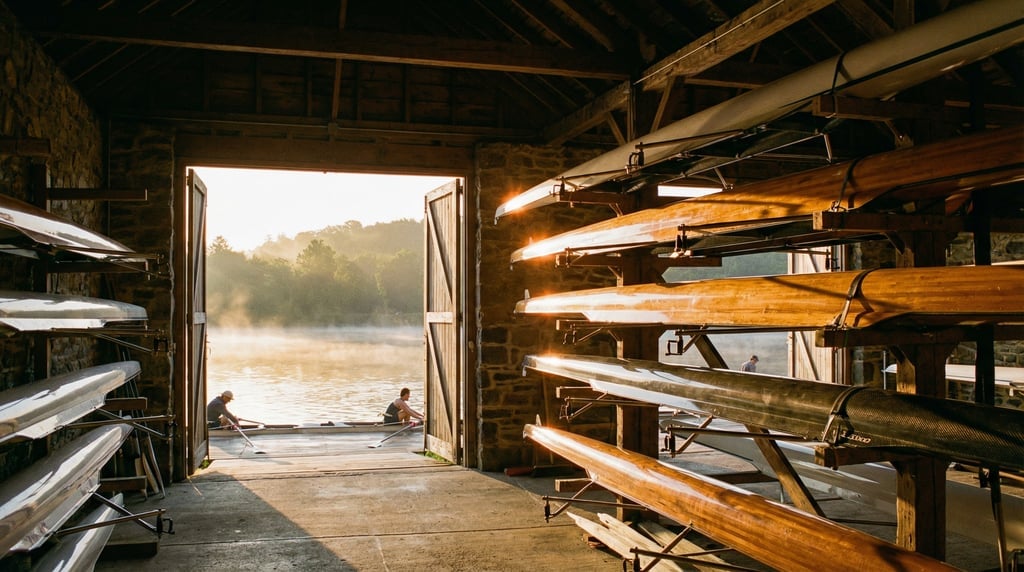 Wide shot of a rowing boathouse at dawn with sculls stored in racks