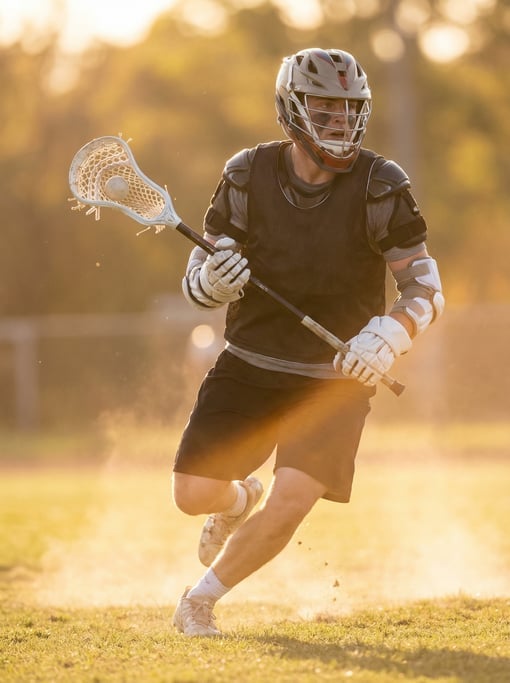 Lacrosse player cradling the ball, running at full speed, stick in motion