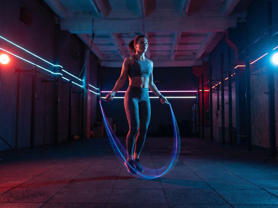 Athlete doing double-unders with a speed rope, the rope creating a blurred circle around the body