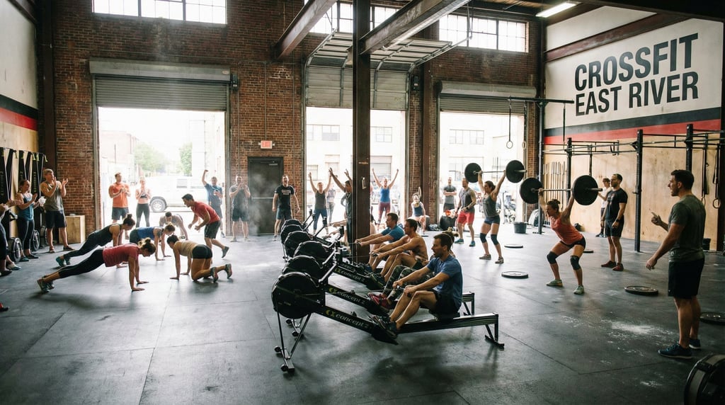 Wide shot of a group workout in progress: athletes at different stations doing burpees, rowing