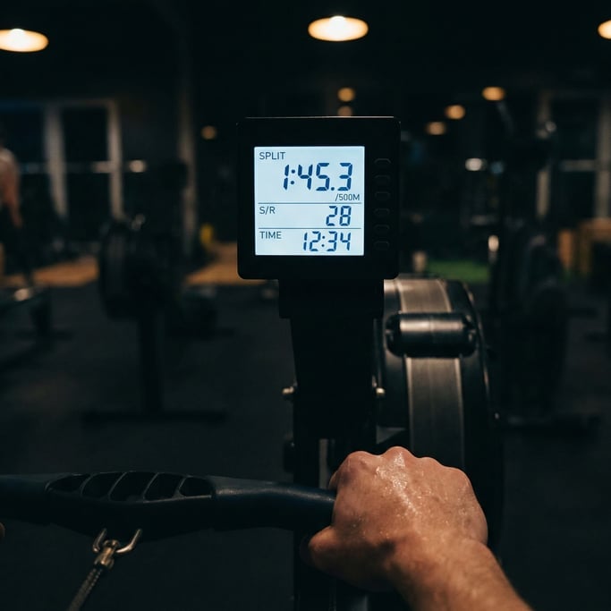 Close-up of a rowers screen on an erg machine showing split times and stroke rate