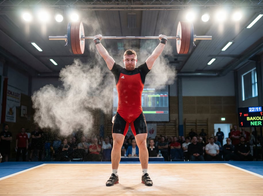 Athlete performing a clean and jerk, the barbell overhead at full lockout