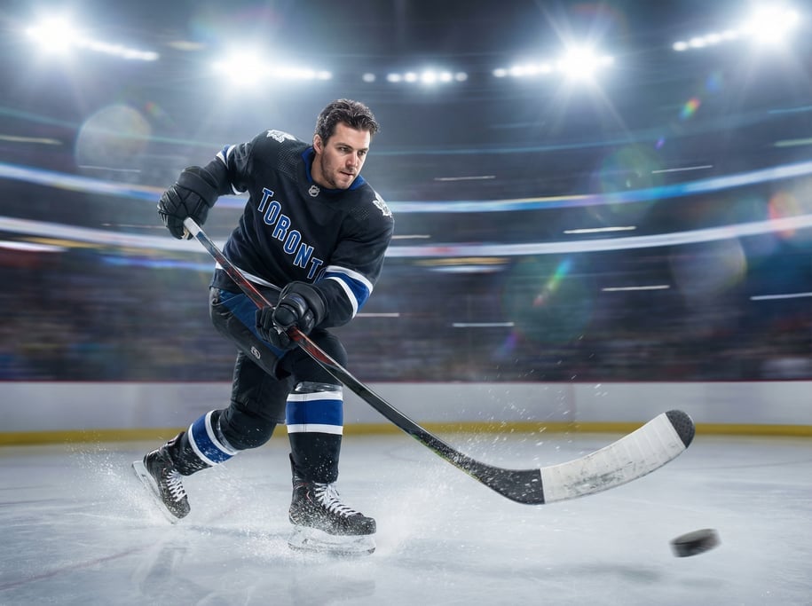 Ice hockey player winding up for a slapshot, the stick flexed on the ice