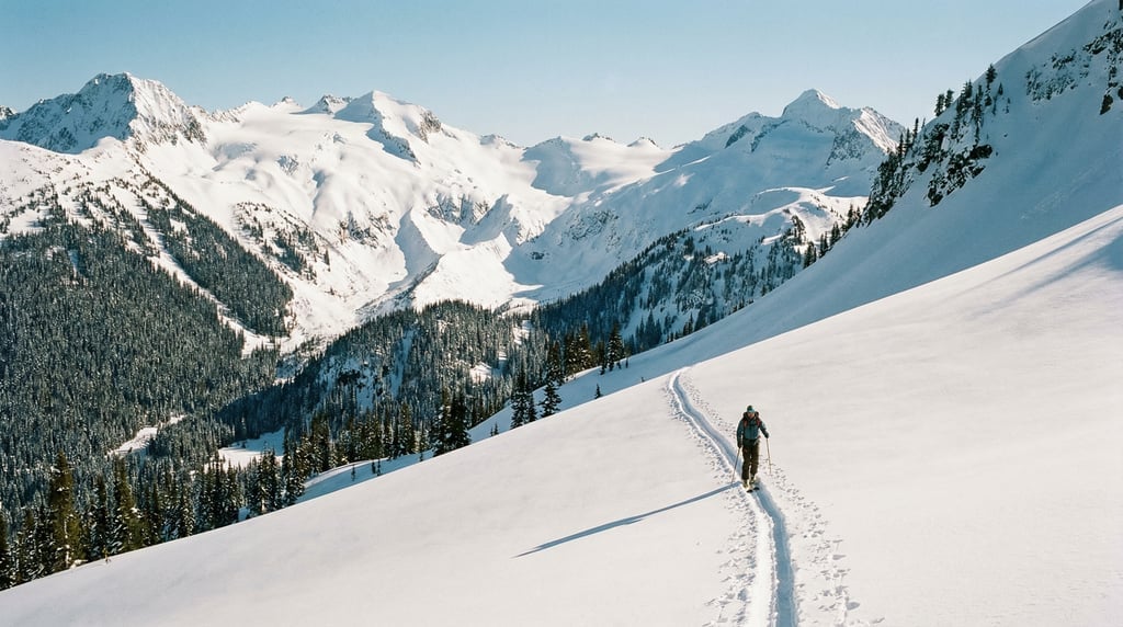 Wide panoramic shot of backcountry skiing: a lone skier ascending a pristine slope with climbing ski