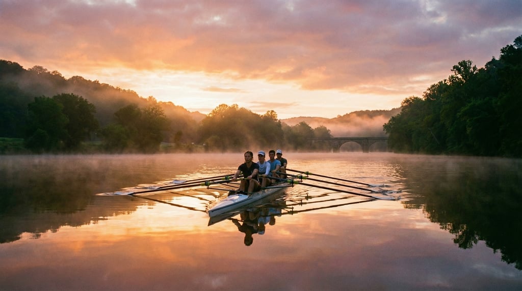 Wide shot of a coxless four rowing crew on a glassy river at dawn, oars mid-stroke