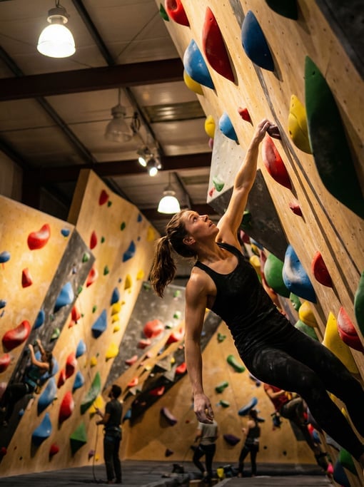 Sport climber on a steep overhang indoor climbing wall, colorful holds