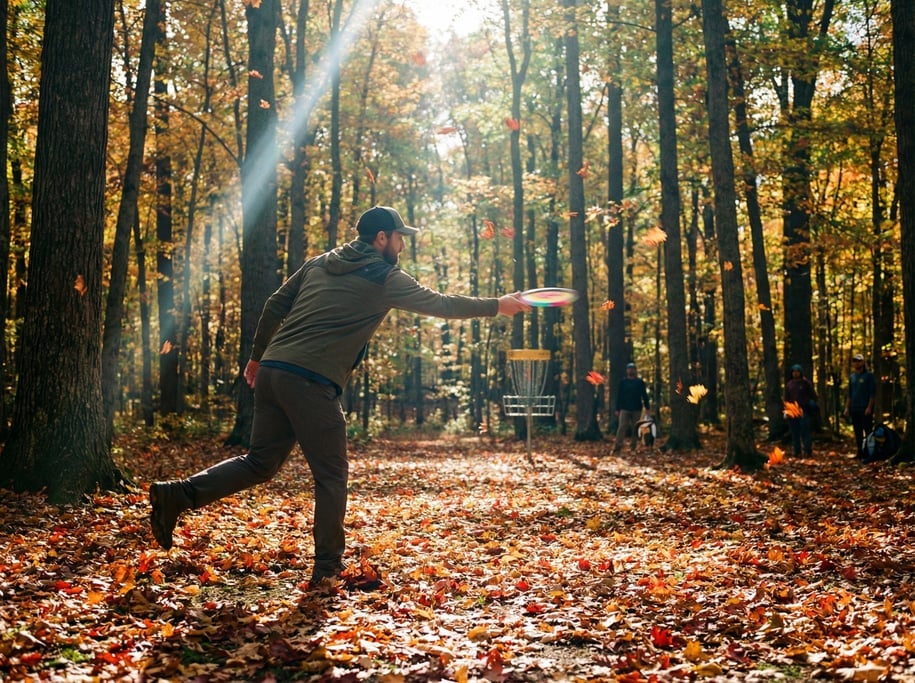 Disc golfer mid-throw in a wooded course, the disc leaving the hand in a blur