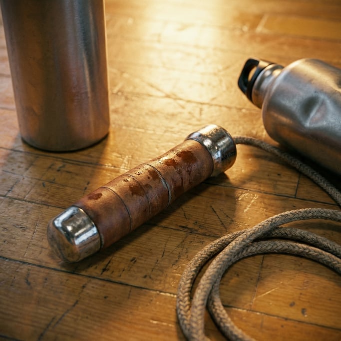 Close-up of a well-used skipping rope handle in leather and chrome