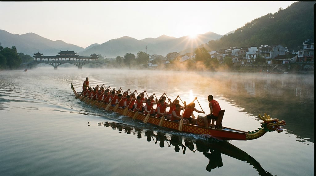 Wide shot of a dragon boat team paddling in perfect unison on a calm river