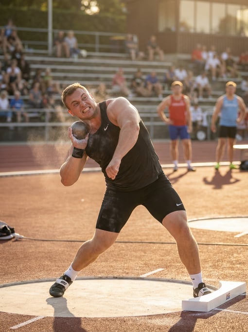 Shot putter in the power position, about to release the iron sphere
