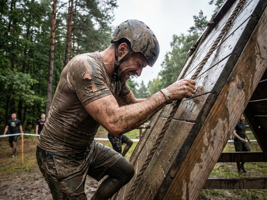 Obstacle course racer climbing a muddy rope wall, soaked and covered in mud