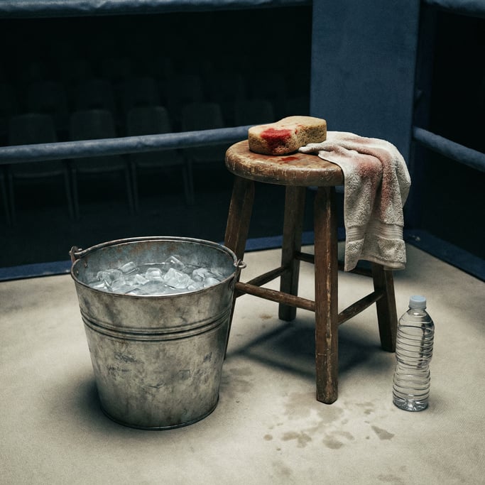 Close-up of a boxing corner bucket and stool between rounds, a sponge and towel on the stool