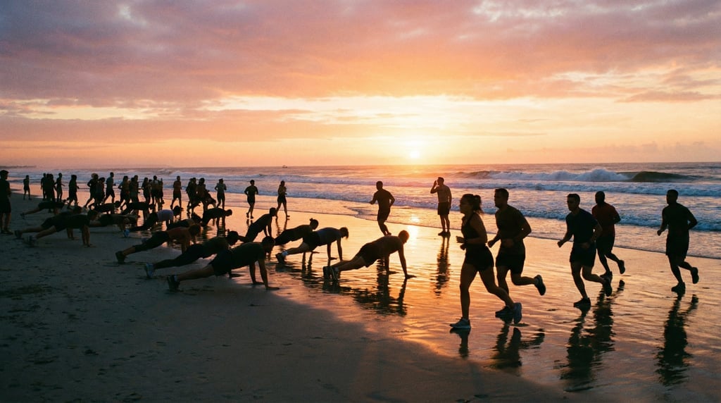Wide shot of an early morning boot camp workout on a beach
