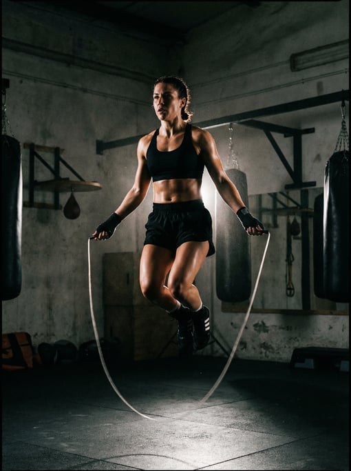 Female boxer skipping rope in a dark gym, caught mid-jump, both feet off the ground