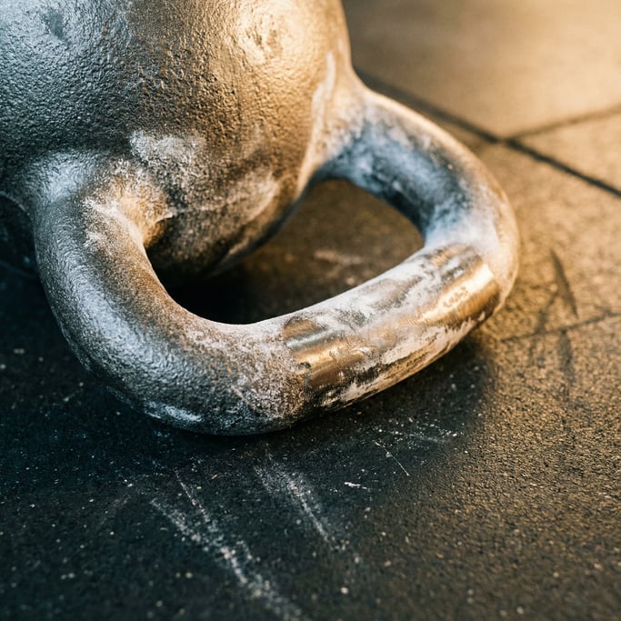 Close-up of a kettlebell handle grip with chalk dust