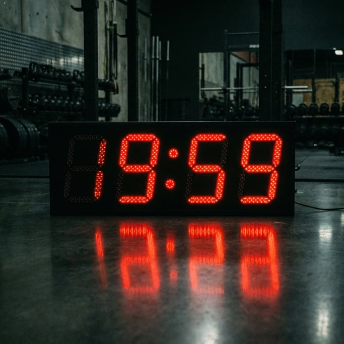 Detail of a gym timer display showing countdown numbers in red LED against black