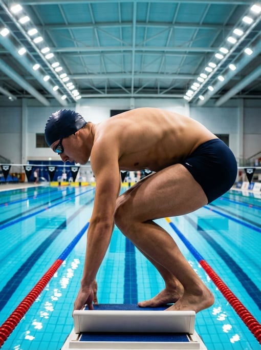 Swimmer on the starting block in a coiled position about to dive, tension in every muscle