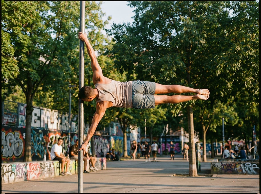 Calisthenics athlete performing a human flag on a vertical pole, body horizontal, arms locked