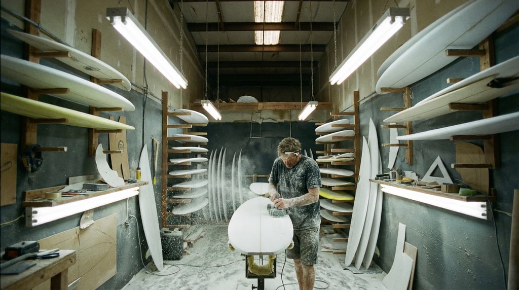 Wide shot of a surfboard shaping bay with a craftsman working on a blank, foam dust in the air