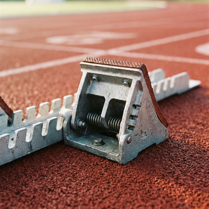 Close-up of a track starting block mechanism on a red running track