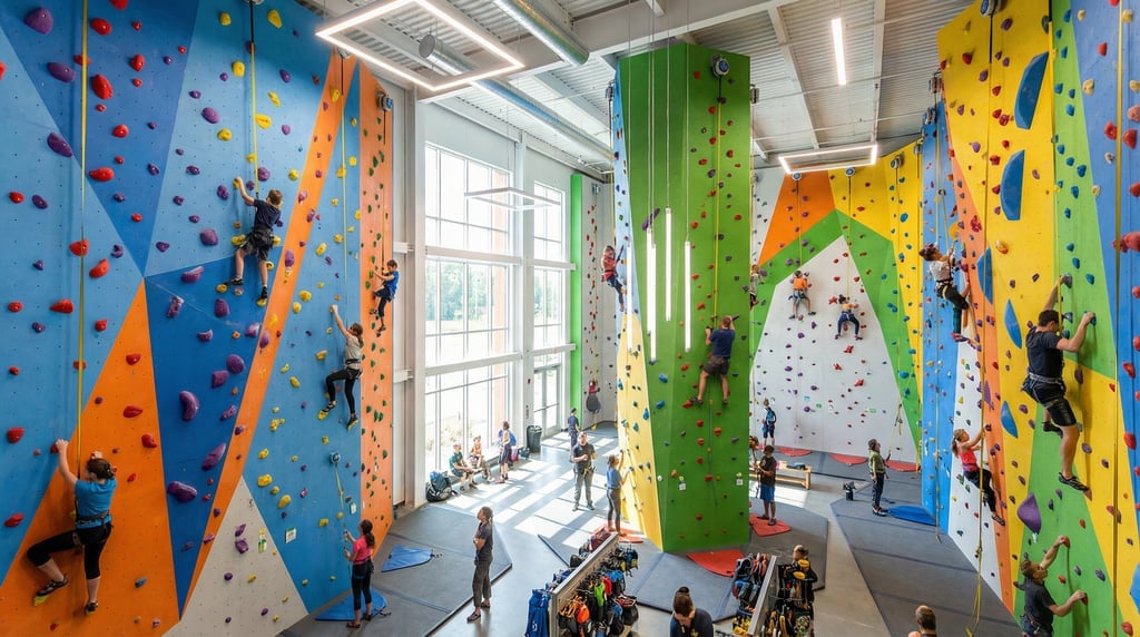 Wide shot of a modern climbing gym with tall colorful walls