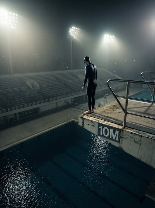 Diver standing on the ten-meter platform edge, toes curled over