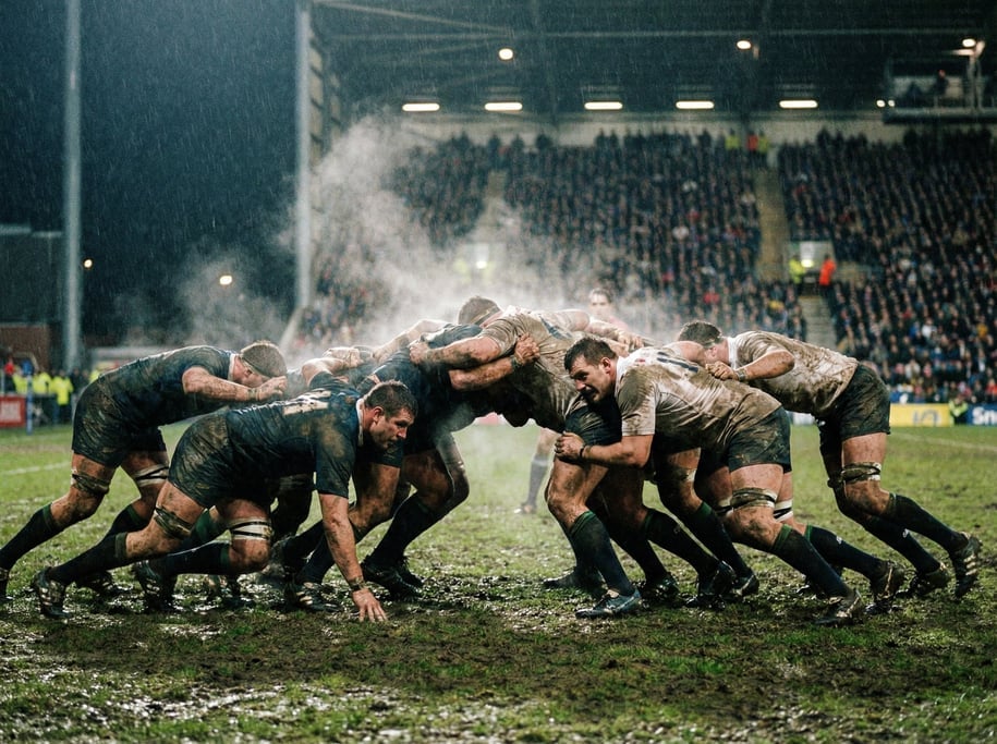 Rugby scrum formation, eight players bound together driving forward