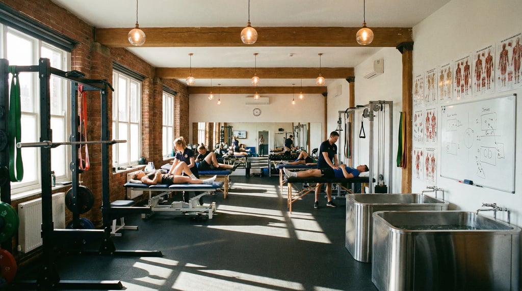 Wide shot of a sports physiotherapy room with treatment beds, resistance equipment, ice baths
