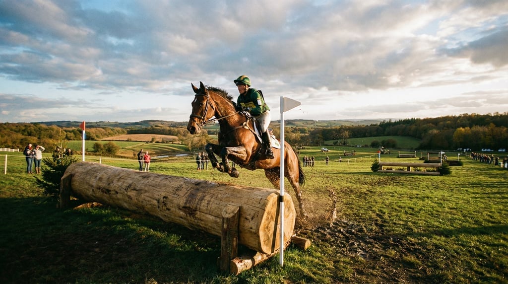 Wide shot of an equestrian cross-country course with a horse and rider jumping a solid log fence