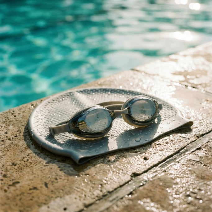 Close-up of a swimmers cap and goggles placed on the pool edge
