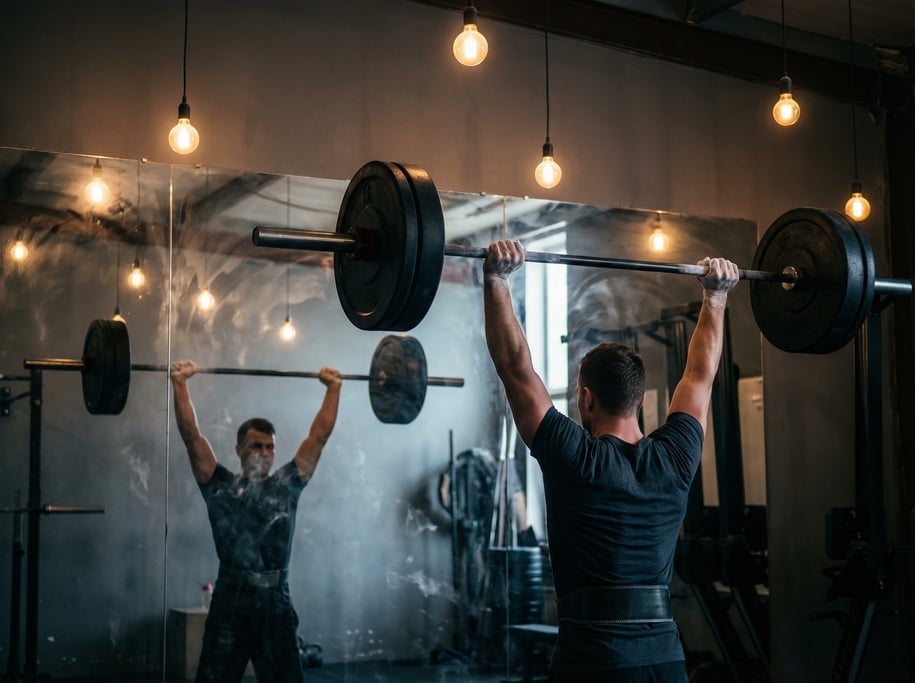 Crossfit athlete doing strict press with a loaded barbell, standing in front of a mirror