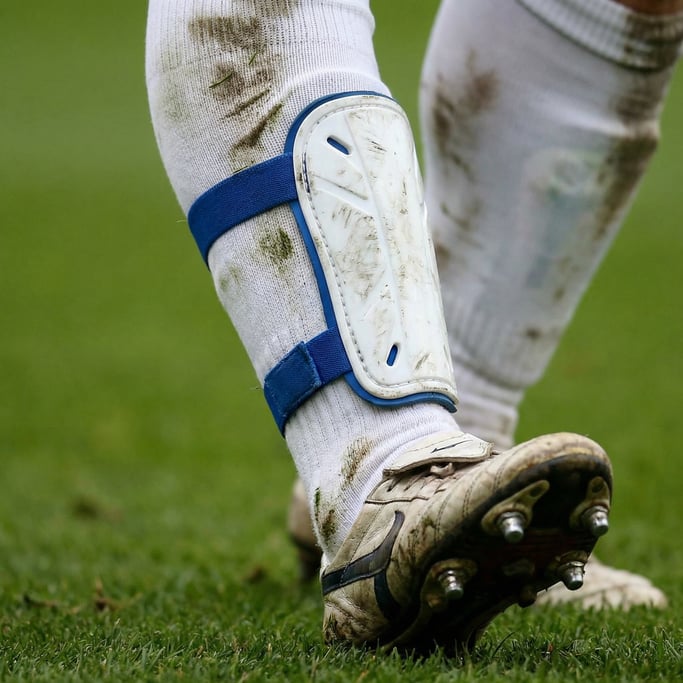 Close-up of a shin guard strapped to a soccer players leg, grass stains on the white sock