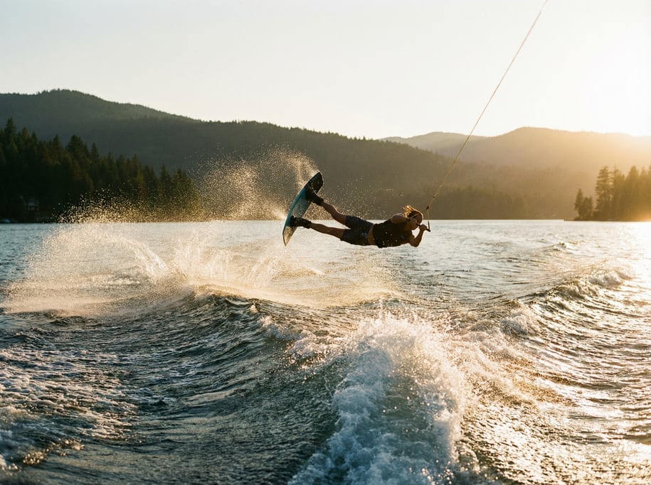 Wakeboarder doing a raley behind a boat, fully extended parallel to the water surface