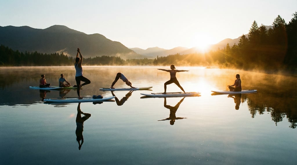 Wide shot of a paddleboard yoga class on a calm lake at sunrise