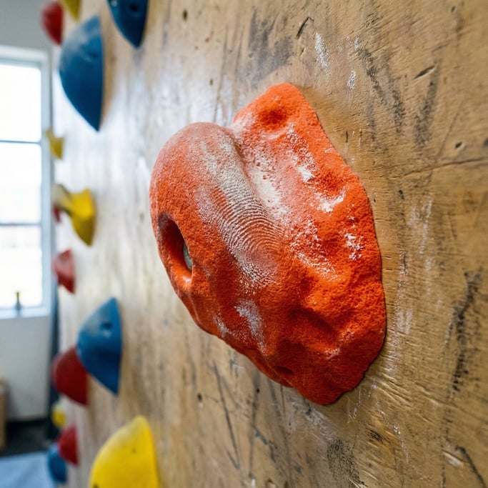 Close-up of a climbing hold on a gym wall, the bright orange resin texture visible