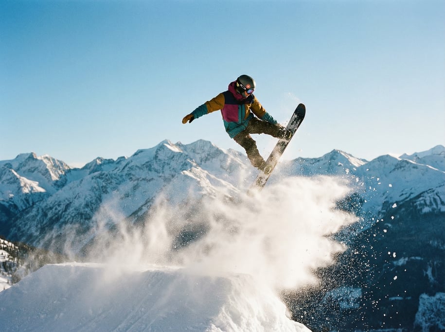 Snowboarder performing a method grab high above a kicker, the board grabbed at the heel edge