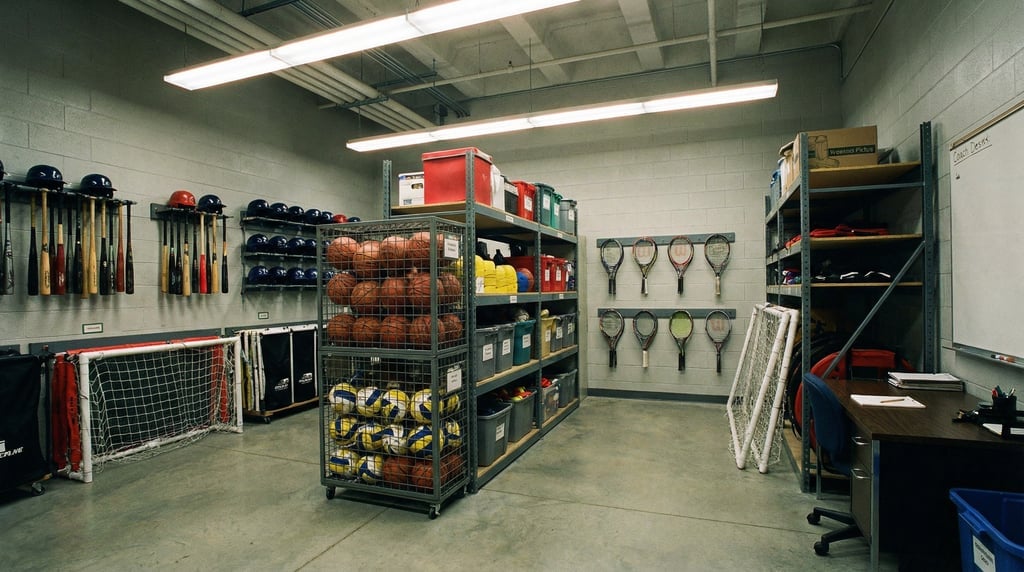 Wide shot of a sports equipment storage room with neatly racked balls, bats, rackets