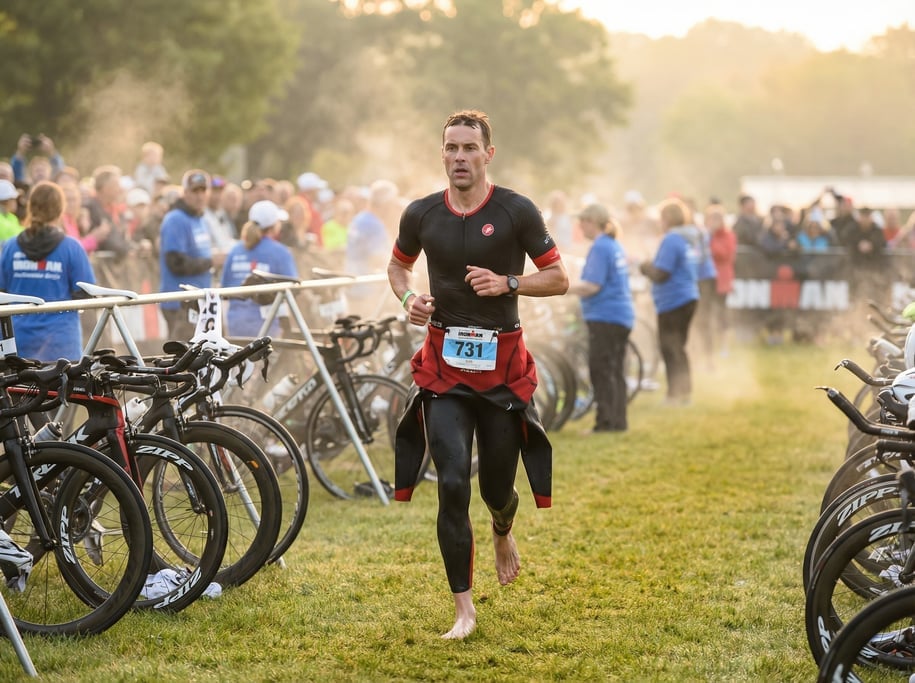 Ironman triathlete transitioning from swim to bike, wetsuit half-peeled
