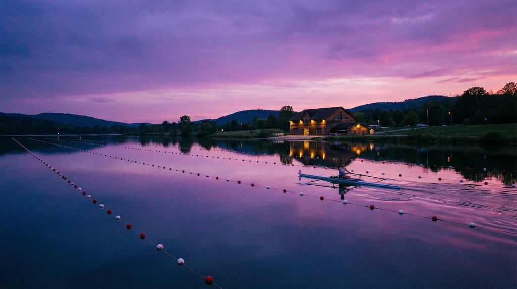 Wide shot of a rowing lake at dusk with eight lanes marked by buoys