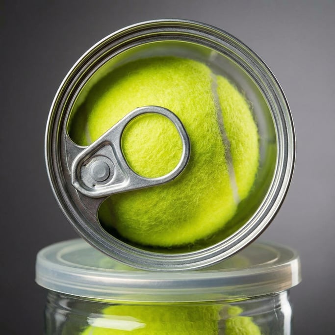 Close-up of a brand-new tennis ball still in the pressurized can