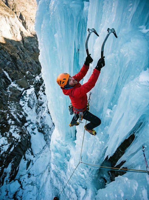 Ice climber at the crux of a frozen waterfall, both ice tools planted overhead