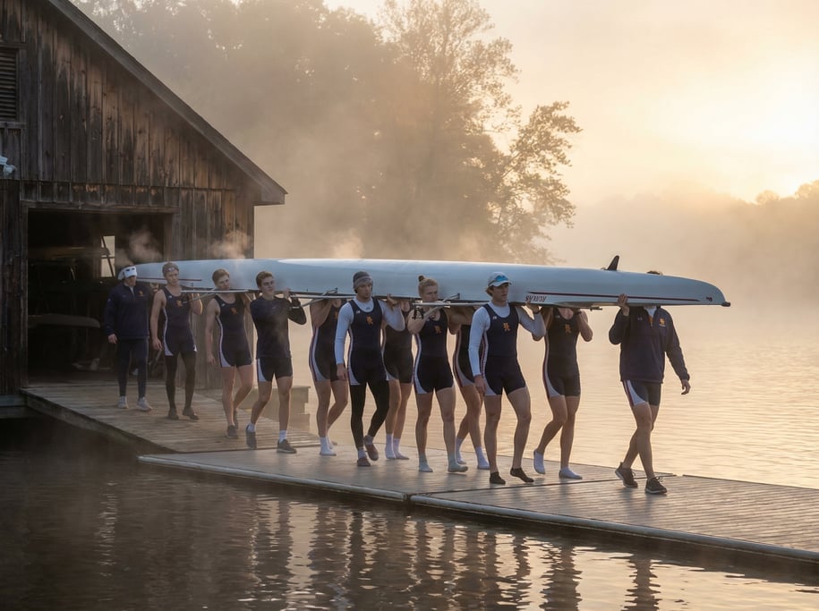 Group of rowers carrying a shell overhead from the boathouse to the water
