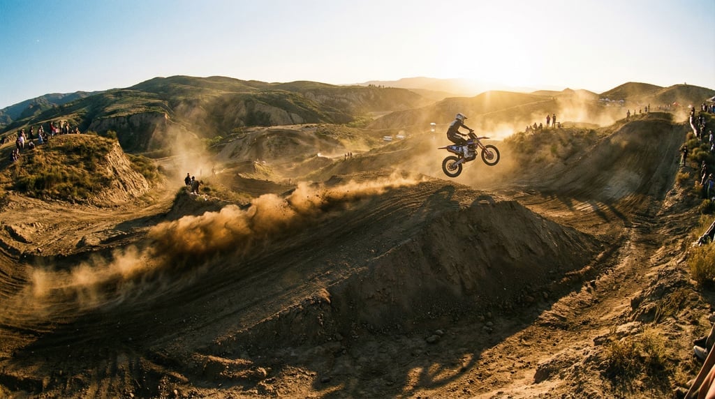 Wide shot of a motocross rider mid-jump over a tabletop, motorcycle and rider fully airborne