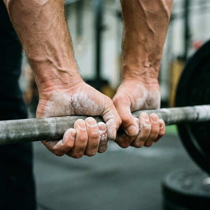Close-up of a chalk-covered barbell grip in a weightlifters hands, veins visible on the forearms