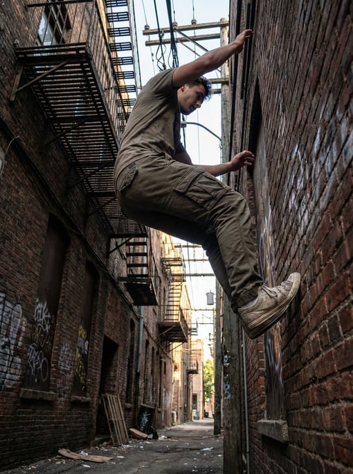 Parkour athlete in a wall run, one foot planted on a brick wall, body ascending vertically