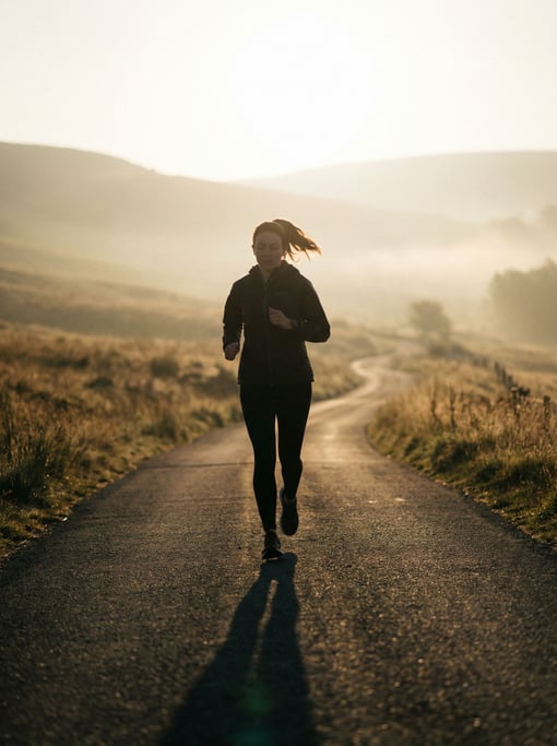 A woman running on an empty road at dawn, shot from behind, long shadows stretching forward