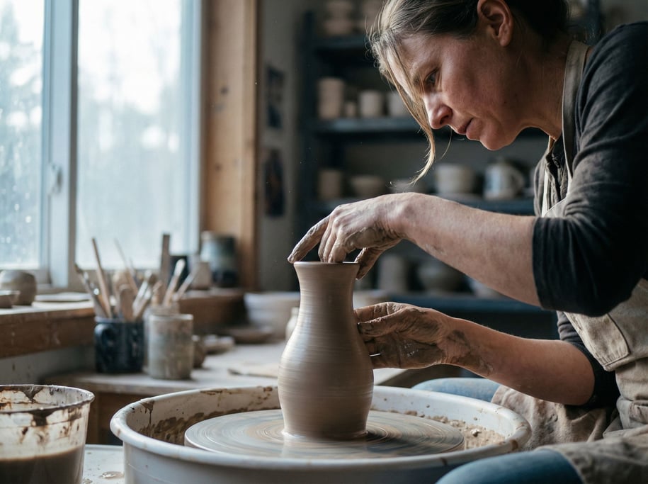 A potter pulling a tall vessel on the wheel, clay spinning, hands wet and precise