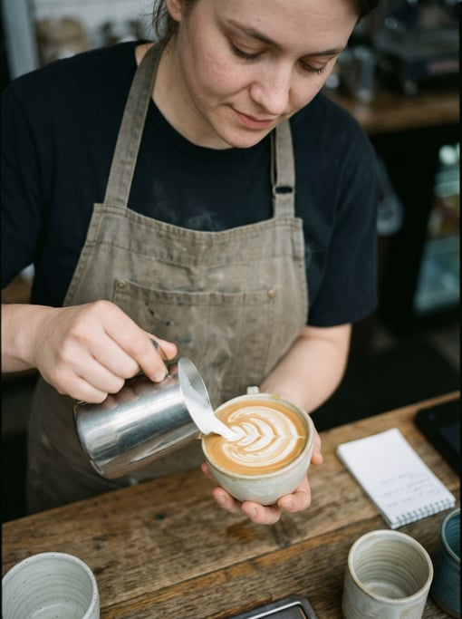 A barista pouring latte art, shot from above, steam and swirl patterns in the milk (5owa)