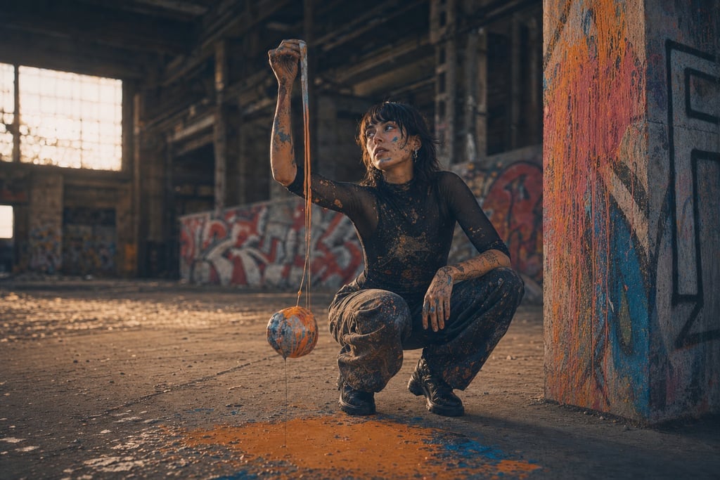 Edgy fashion shoot in an abandoned warehouse with graffiti-covered walls