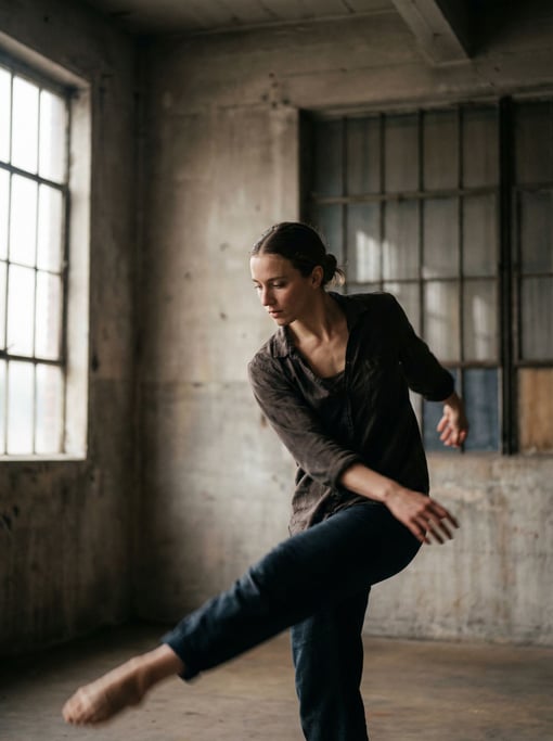 A dancer mid-movement in a raw industrial space, slight motion blur on extremities, core sharp